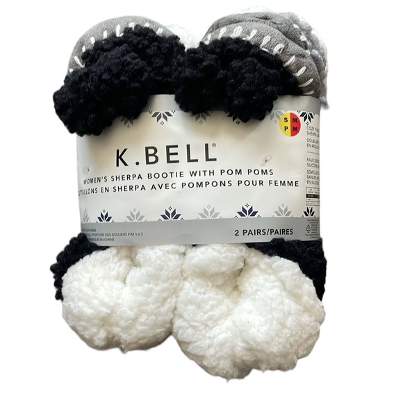 K. Bell - 2 Pack Sherpa Bootie Slippers with Pom Poms - Picture 2 of 4